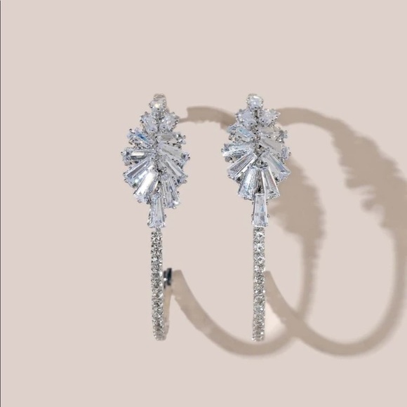 White Sapphire Sterling Silver Hoop Earrings - Picture 4 of 4